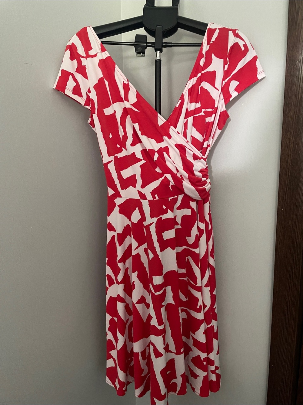 Maggy London Red and White Abstract Wrap Midi Dress